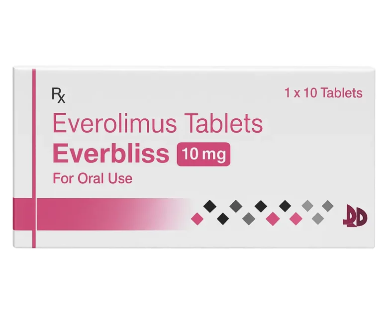 Everbliss 10mg Tablet – Everolimus-based medication used in cancer therapy and organ transplant rejection prevention, supplied by Rizochem Pharmaceuticals.