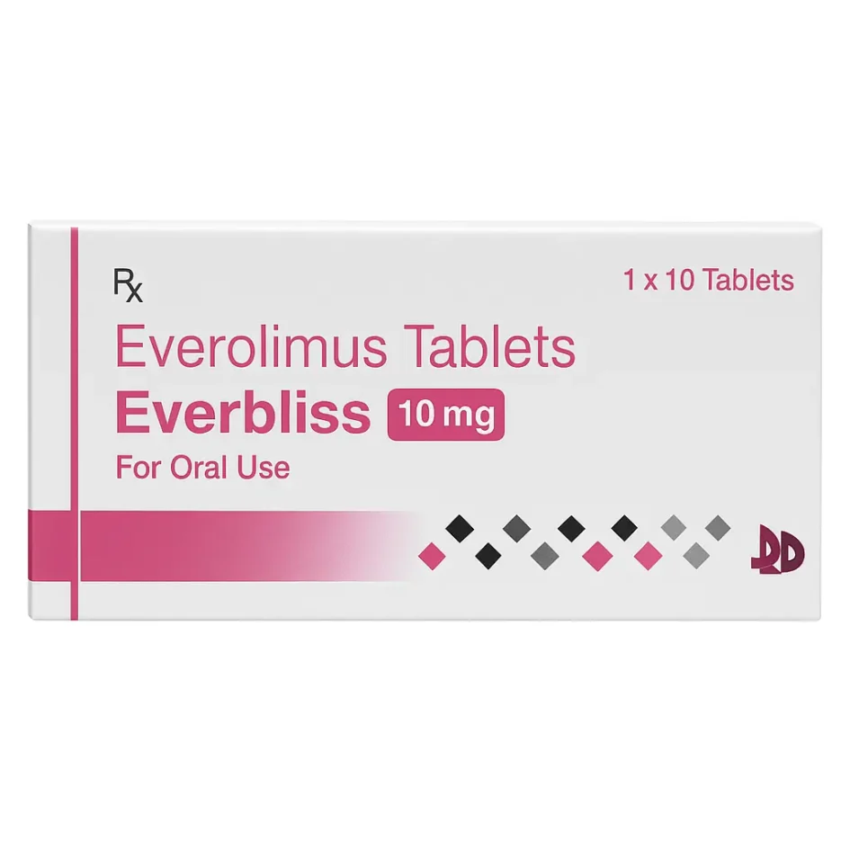 Everbliss 10mg Tablet – Everolimus-based medication used in cancer therapy and organ transplant rejection prevention, supplied by Rizochem Pharmaceuticals.