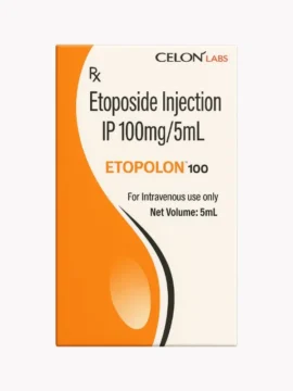 Etolon Etoposide 100mg Injection – Chemotherapy medication for the treatment of lung cancer, testicular cancer, and other solid tumors, supplied by Rizochem Pharmaceuticals.