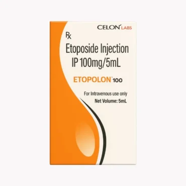 Etolon Etoposide 100mg Injection – Chemotherapy medication for the treatment of lung cancer, testicular cancer, and other solid tumors, supplied by Rizochem Pharmaceuticals.