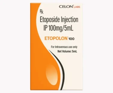 Etolon Etoposide 100mg Injection – Chemotherapy medication for the treatment of lung cancer, testicular cancer, and other solid tumors, supplied by Rizochem Pharmaceuticals.