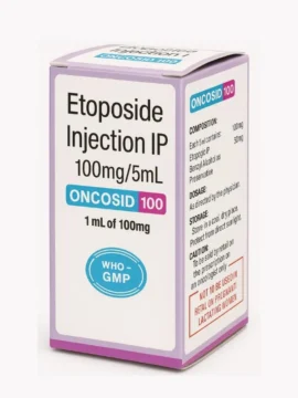 Oncosid Etoposide 100mg Injection – Chemotherapy treatment for lung cancer, testicular cancer, and various solid tumors, available from Rizochem Pharmaceuticals.