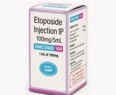 Oncosid Etoposide 100mg Injection – Chemotherapy treatment for lung cancer, testicular cancer, and various solid tumors, available from Rizochem Pharmaceuticals.