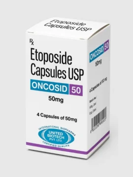 Oncosid Etoposide 50mg Injection – Chemotherapy medication for the treatment of lung cancer, testicular cancer, and other solid tumors, available from Rizochem Pharmaceuticals.