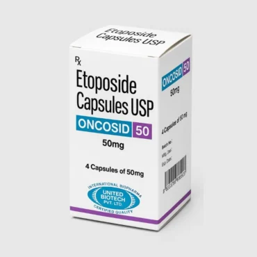 Oncosid Etoposide 50mg Injection – Chemotherapy medication for the treatment of lung cancer, testicular cancer, and other solid tumors, available from Rizochem Pharmaceuticals.