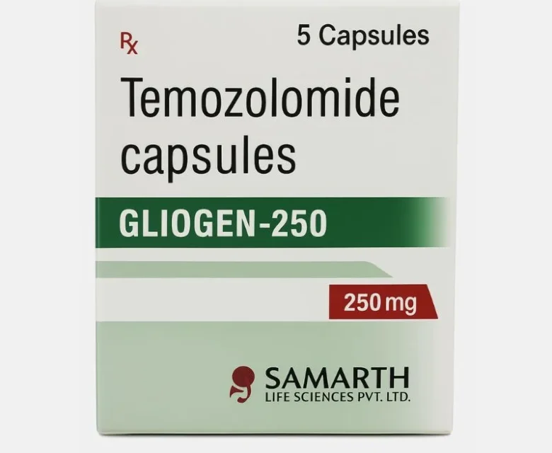 Temozolomide 250mg Tablet – Oral chemotherapy medicine used for brain tumors like glioblastoma multiforme and anaplastic astrocytoma, available from Rizochem Pharmaceuticals.