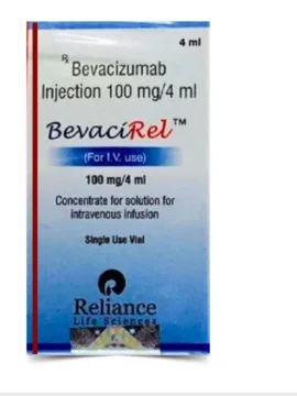 Bevacizumab 100 mg Injection in a clear glass vial, used for cancer treatment by inhibiting tumor growth