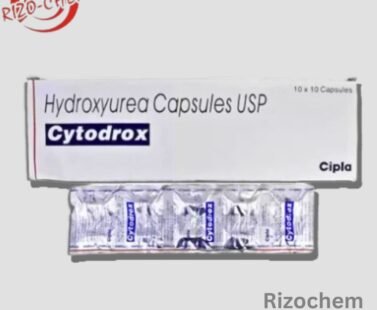 Cytodrox Hydroxyurea 500mg Capsules by Rizochem Pharmaceuticals, white and blue capsules in blister pack, used for cancer treatment