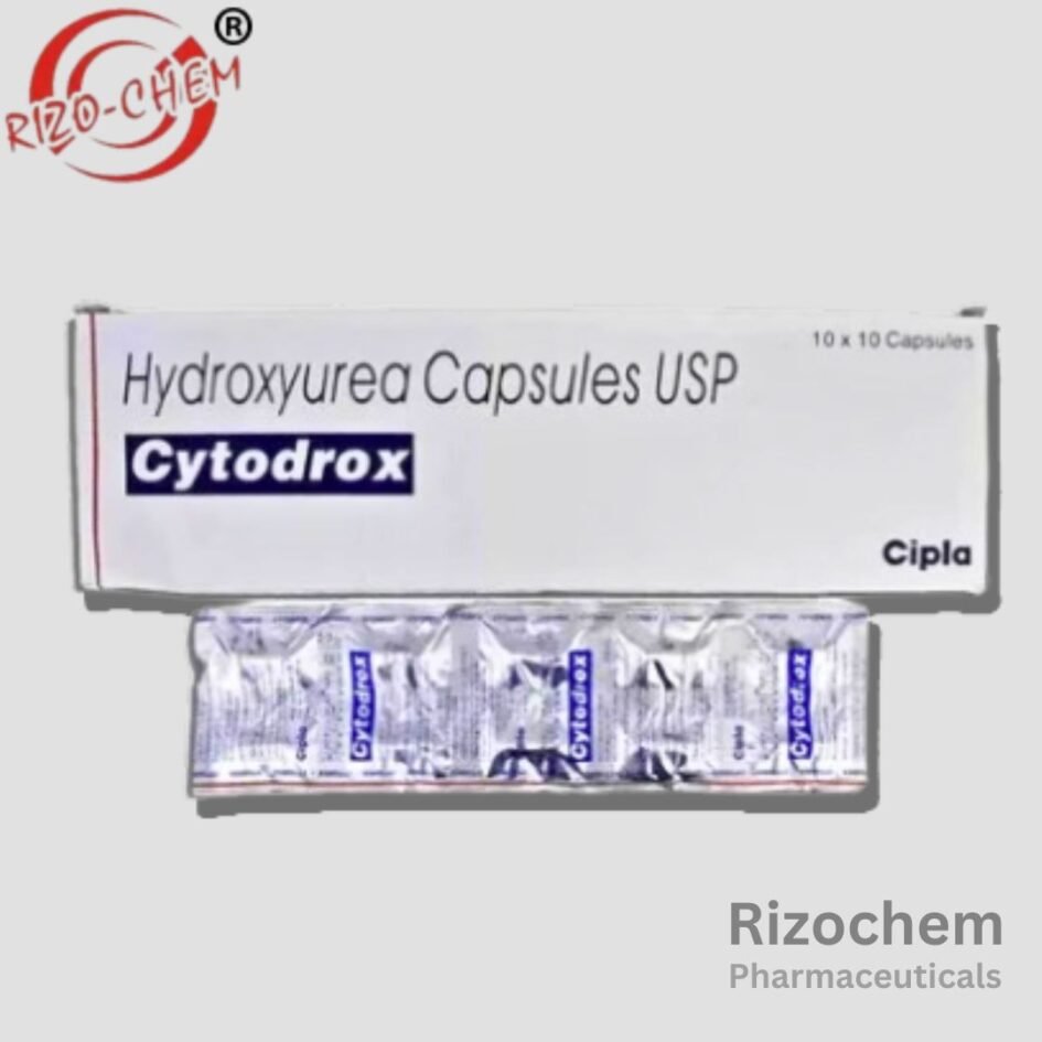 Cytodrox Hydroxyurea 500mg Capsules by Rizochem Pharmaceuticals, white and blue capsules in blister pack, used for cancer treatment