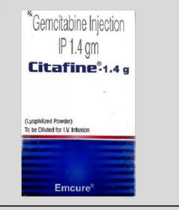 Gemcitabine 1.4gm Injection – Chemotherapy medication for cancer treatment, used in lung, breast, ovarian, and pancreatic cancers, available from Rizochem Pharmaceuticals.