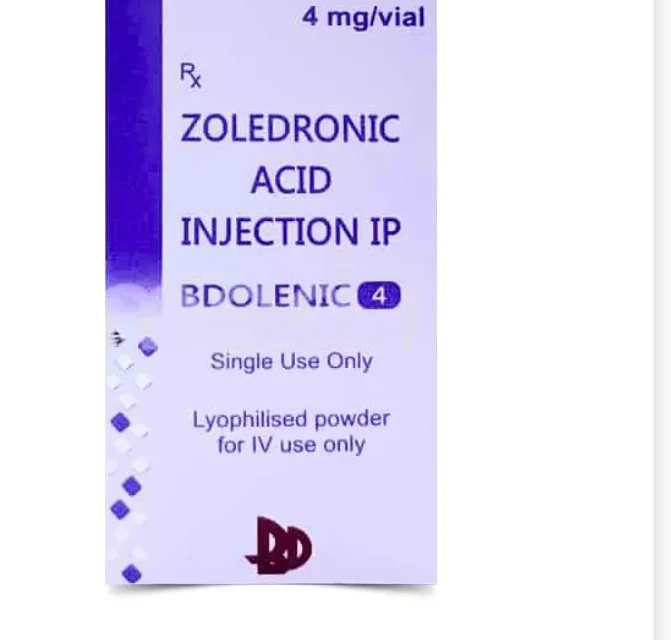 Bdolenic Zoledronic Acid 4mg Injection vial used for treating bone diseases like osteoporosis and cancer-related bone complications, available at Rizochem Pharmaceuticals Wholesaler & Exporter.