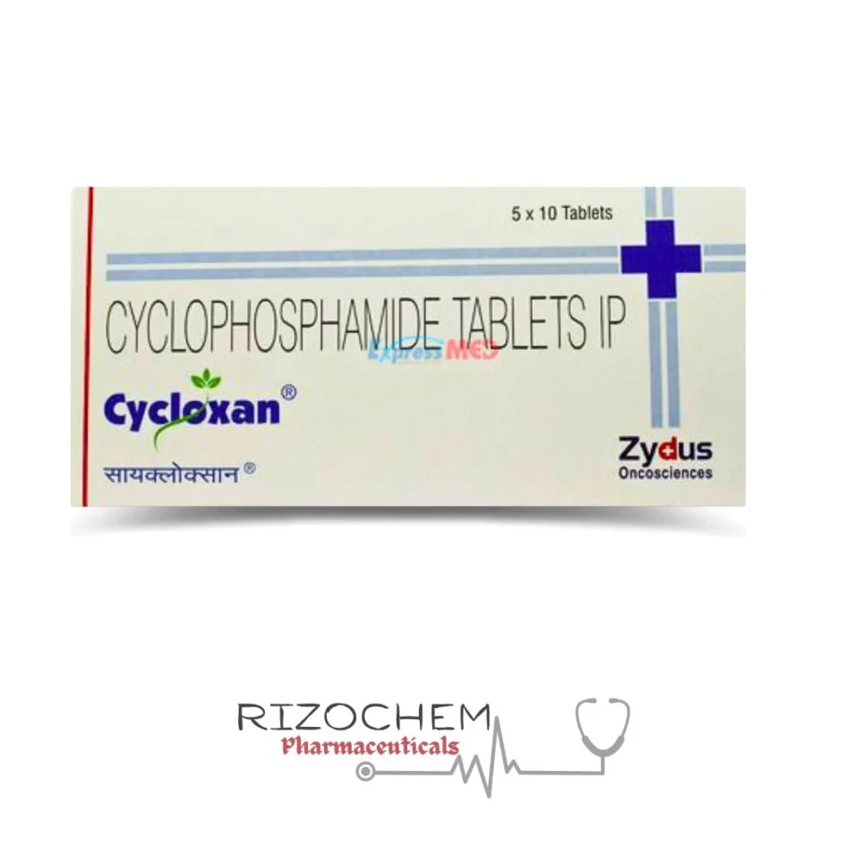 Cyclophosphamide Tablet 50mg Cycloxan - Chemotherapy medication used to treat various cancers, available at Rizochem Pharmaceuticals.