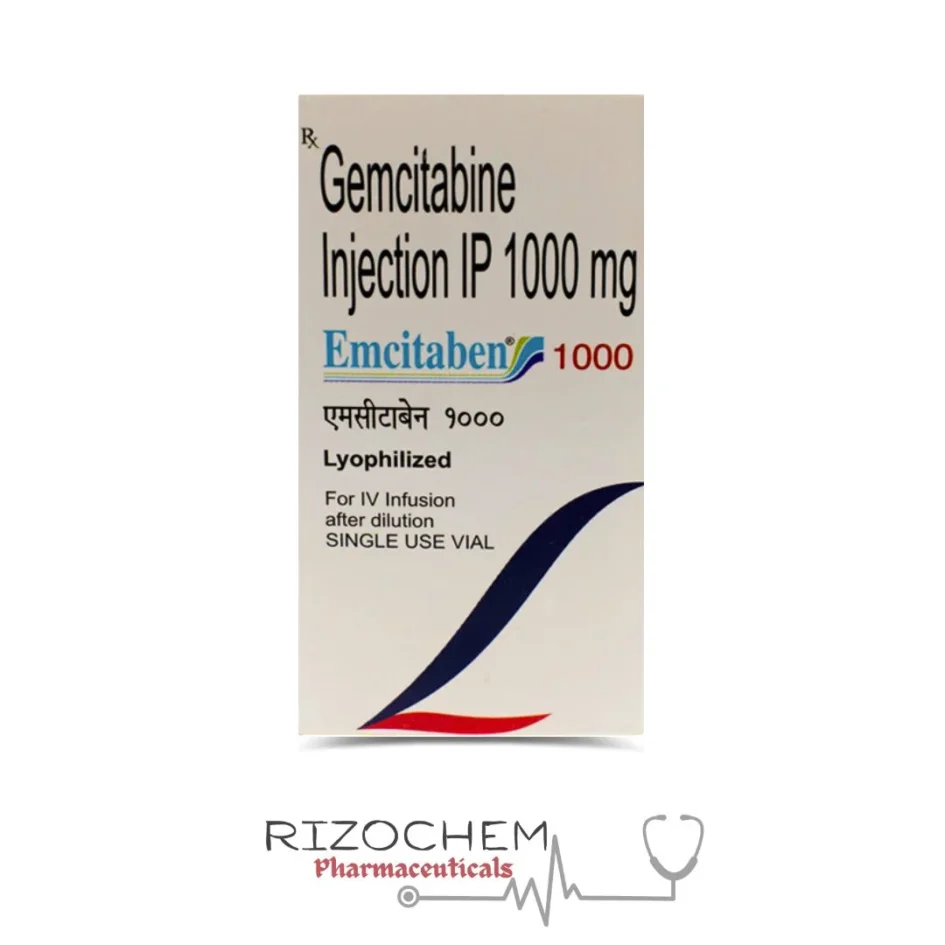 Gemcitabine 1000 mg Injection Emcitaben by Rizochem Pharmaceuticals - chemotherapy drug for treating various types of cancer.