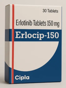 Erlocip-150 Erlotinib Tablets 150mg by Cipla – A targeted cancer therapy used for non-small cell lung cancer, packaging shows 30 tablets