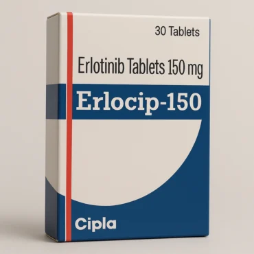 Erlocip-150 Erlotinib Tablets 150mg by Cipla – A targeted cancer therapy used for non-small cell lung cancer, packaging shows 30 tablets