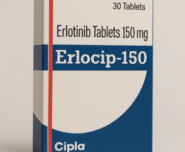 Erlocip-150 Erlotinib Tablets 150mg by Cipla – A targeted cancer therapy used for non-small cell lung cancer, packaging shows 30 tablets