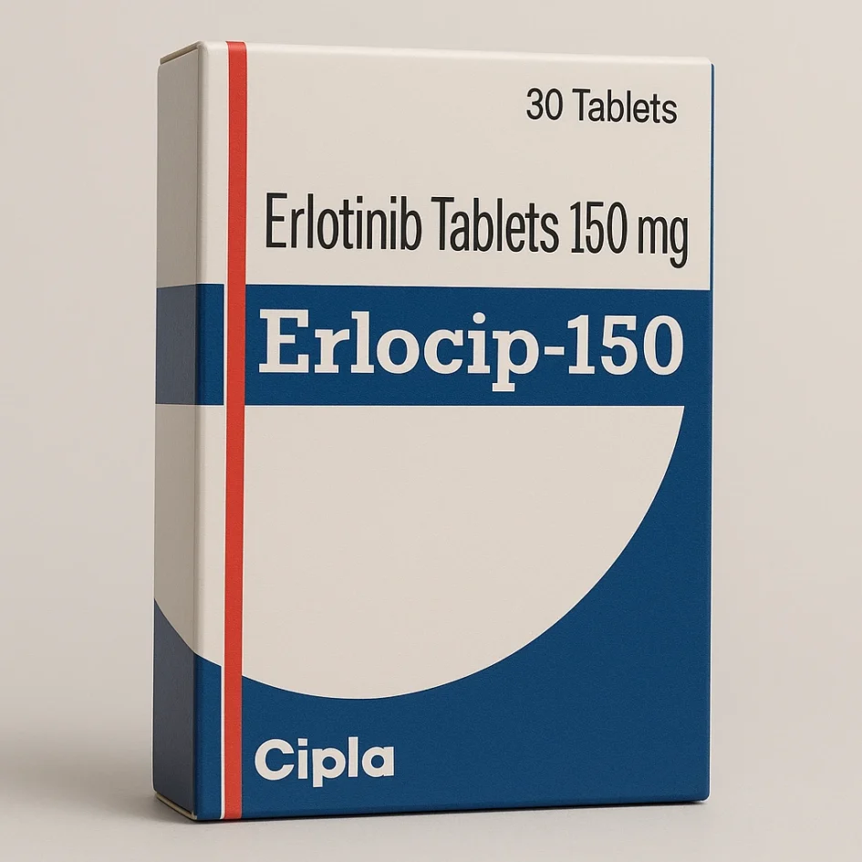 Erlocip-150 Erlotinib Tablets 150mg by Cipla – A targeted cancer therapy used for non-small cell lung cancer, packaging shows 30 tablets