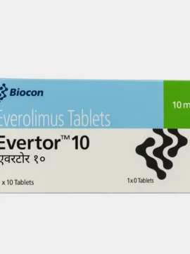 Evertor Everolimus 10mg Tablet – An oral medication used in cancer treatment and organ transplant care, available through Rizochem Pharmaceuticals.