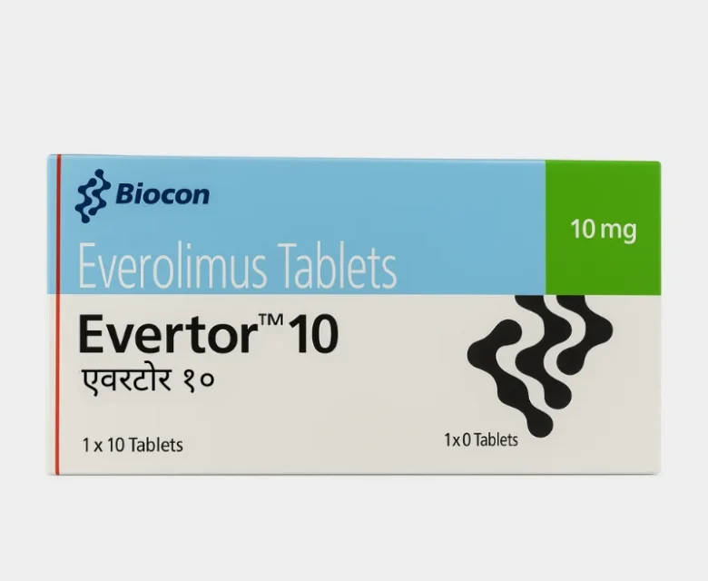 Evertor Everolimus 10mg Tablet – An oral medication used in cancer treatment and organ transplant care, available through Rizochem Pharmaceuticals.