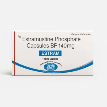 Estram Estramustine 140mg Capsule – Chemotherapy medication used for treating metastatic prostate cancer, supplied by Rizochem Pharmaceuticals.