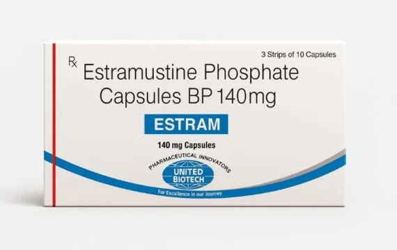 Estram Estramustine 140mg Capsule – Chemotherapy medication used for treating metastatic prostate cancer, supplied by Rizochem Pharmaceuticals.
