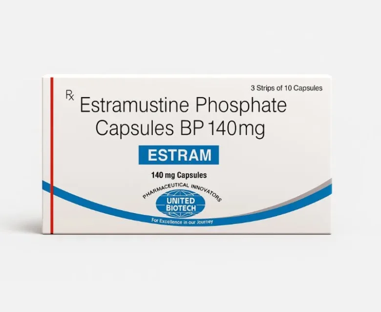 Estram Estramustine 140mg Capsule – Chemotherapy medication used for treating metastatic prostate cancer, supplied by Rizochem Pharmaceuticals.