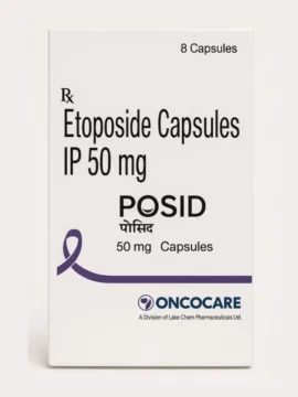 Posid Etoposide 50mg Capsule – Oral chemotherapy medication used for treating lung cancer, testicular cancer, and other solid tumors, supplied by Rizochem Pharmaceuticals.