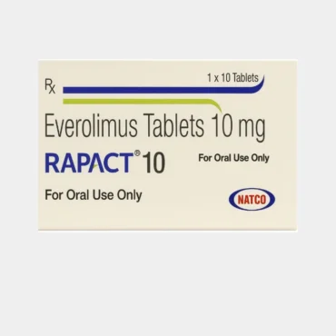 Rapact Everolimus 10mg Tablet – Targeted therapy medication used for the treatment of certain types of cancer and prevention of organ transplant rejection, supplied by Rizochem Pharmaceuticals.