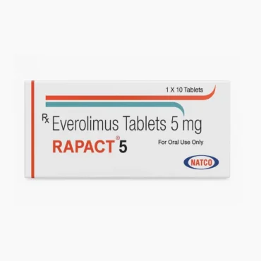 Rapact Everolimus 5mg Tablet – Targeted therapy for cancer treatment and prevention of organ transplant rejection, available from Rizochem Pharmaceuticals.