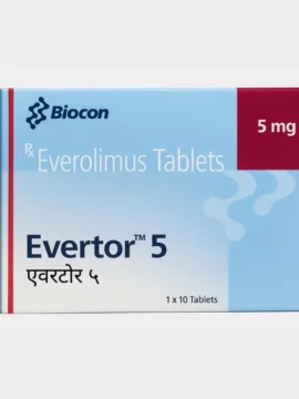 Evertor Everolimus 5mg Tablet – Prescribed for cancer treatment and transplant rejection prevention, supplied by Rizochem Pharmaceuticals.