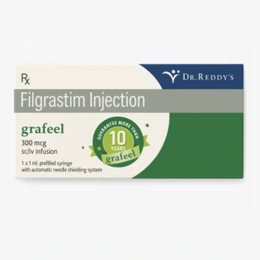 Grafeel Filgrastim Injection 300 mcg vial with packaging, used to boost white blood cell count during chemotherapy, supplied by Rizochem Pharmaceuticals Exporter.