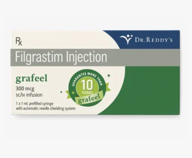 Grafeel Filgrastim Injection 300 mcg vial with packaging, used to boost white blood cell count during chemotherapy, supplied by Rizochem Pharmaceuticals Exporter.