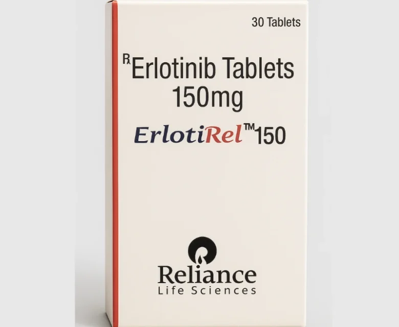 Erlotirel Erlotinib 150mg Tablet – An EGFR inhibitor used for treating non-small cell lung cancer and pancreatic cancer, available from Rizochem Pharmaceuticals.