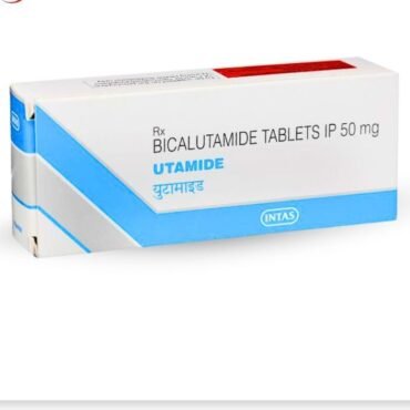 Close-up of Bicalutamide 50mg Tablet Utamide, an anti-androgen medication used in prostate cancer treatment, available through Rizochem Pharmaceuticals Wholesaler & Exporter