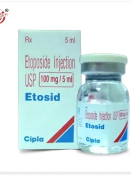Etoposide 100 mg Injection (Etosid) packaging and vial, used in chemotherapy for treating various cancers, showcasing the product's label and dosage information.