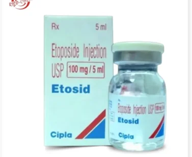 Etoposide 100 mg Injection (Etosid) packaging and vial, used in chemotherapy for treating various cancers, showcasing the product's label and dosage information.