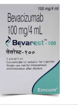 Bevacizumab 100 mg Injection - a sterile, clear solution for intravenous administration, used in cancer treatment to inhibit tumor growth by blocking vascular endothelial growth factor (VEGF). Available in a vial, it is an essential medication for oncology patients.