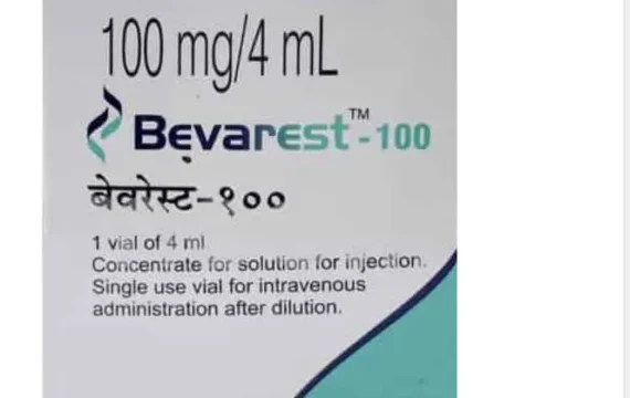 Bevacizumab 100 mg Injection - a sterile, clear solution for intravenous administration, used in cancer treatment to inhibit tumor growth by blocking vascular endothelial growth factor (VEGF). Available in a vial, it is an essential medication for oncology patients.