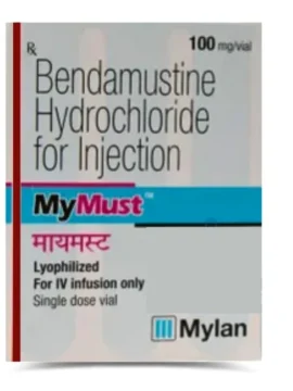 Pack of Bendamustine 100mg Injection MyMust used for cancer treatment by Rizochem Pharmaceuticals Wholesaler & Exporter