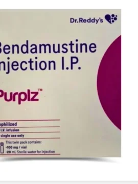 Bendamustine 100mg Injection Purplz: Chemotherapy medication for the treatment of certain cancers, packaged in a sterile vial.