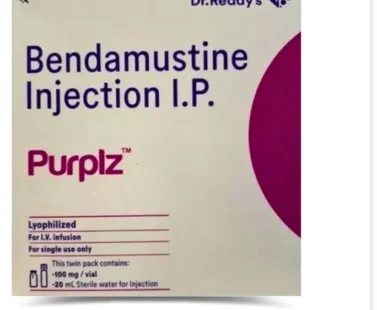 Bendamustine 100mg Injection Purplz: Chemotherapy medication for the treatment of certain cancers, packaged in a sterile vial.