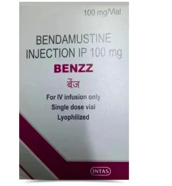 Bendamustine 100 mg Injection Benzz vial used for cancer treatment, available from Rizochem Pharmaceuticals Wholesaler & Exporter.