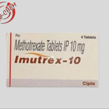 White, round tablet with 'Imutrex 10' imprint, containing 10mg of Methotrexate, an immunosuppressant used for various medical conditions.