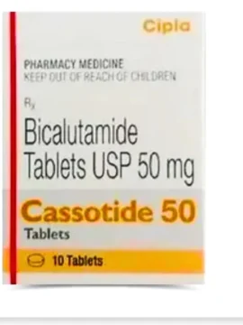 Close-up of Bicalutamide 50 mg Tablet Cassotide by Rizochem Pharmaceuticals, a pharmaceutical product used for prostate cancer treatment, featuring high-quality formulation and clear labeling for safe usage.