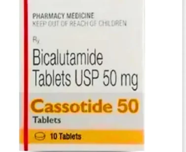 Close-up of Bicalutamide 50 mg Tablet Cassotide by Rizochem Pharmaceuticals, a pharmaceutical product used for prostate cancer treatment, featuring high-quality formulation and clear labeling for safe usage.