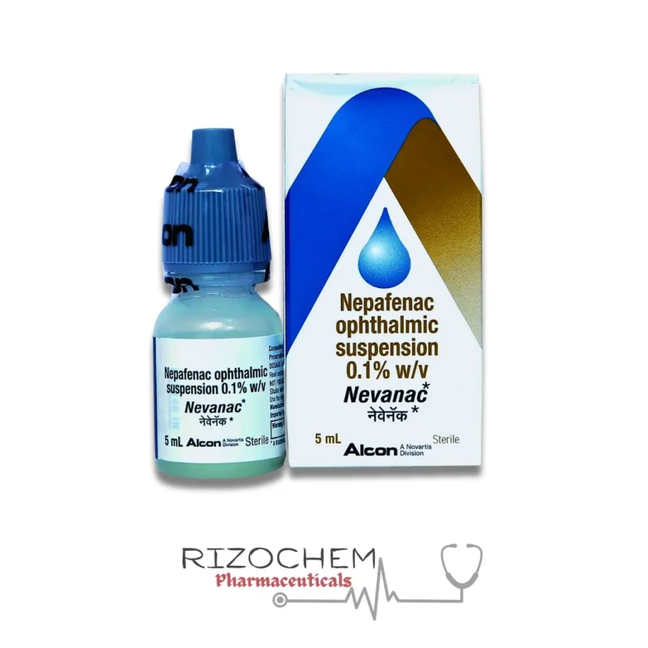 Nepafenac 5ml Nevanac Eye Drop by Rizochem Pharmaceuticals - anti-inflammatory eye drop used to reduce pain and swelling after cataract surgery.