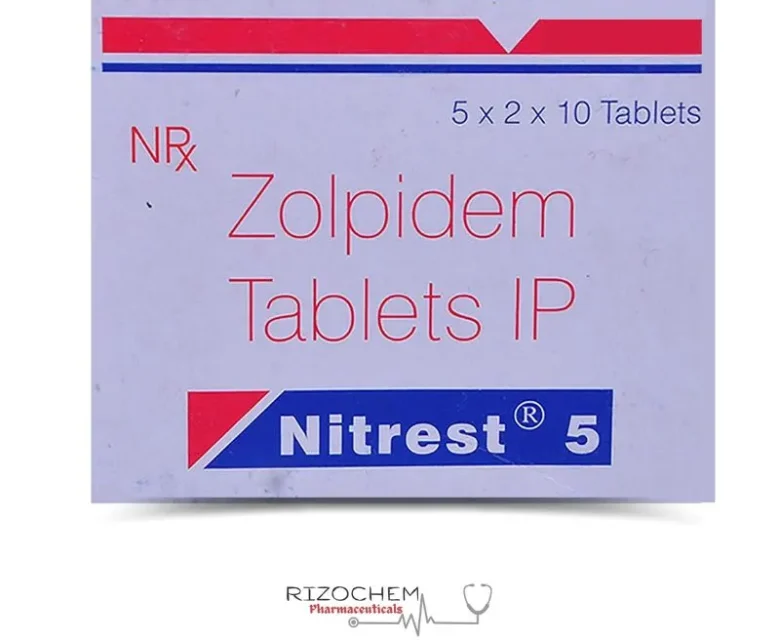 Packaging of Nitrest Zolpidem 5 mg Tablet for sleep disorder treatment - Rizochem Pharmaceuticals Wholesaler & Exporter
