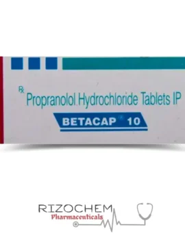 Propranolol 10 mg Tablet Betacap by Rizochem Pharmaceuticals: A beta-blocker used to manage high blood pressure, heart conditions, and anxiety.