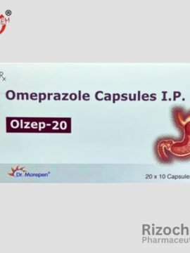 Image of Olzep 20mg Capsule - A blister pack containing red and white capsules used for treating acid-related stomach issues. Product by a reputable pharmaceuticals wholesaler and exporter. High-quality medication for effective relief.
