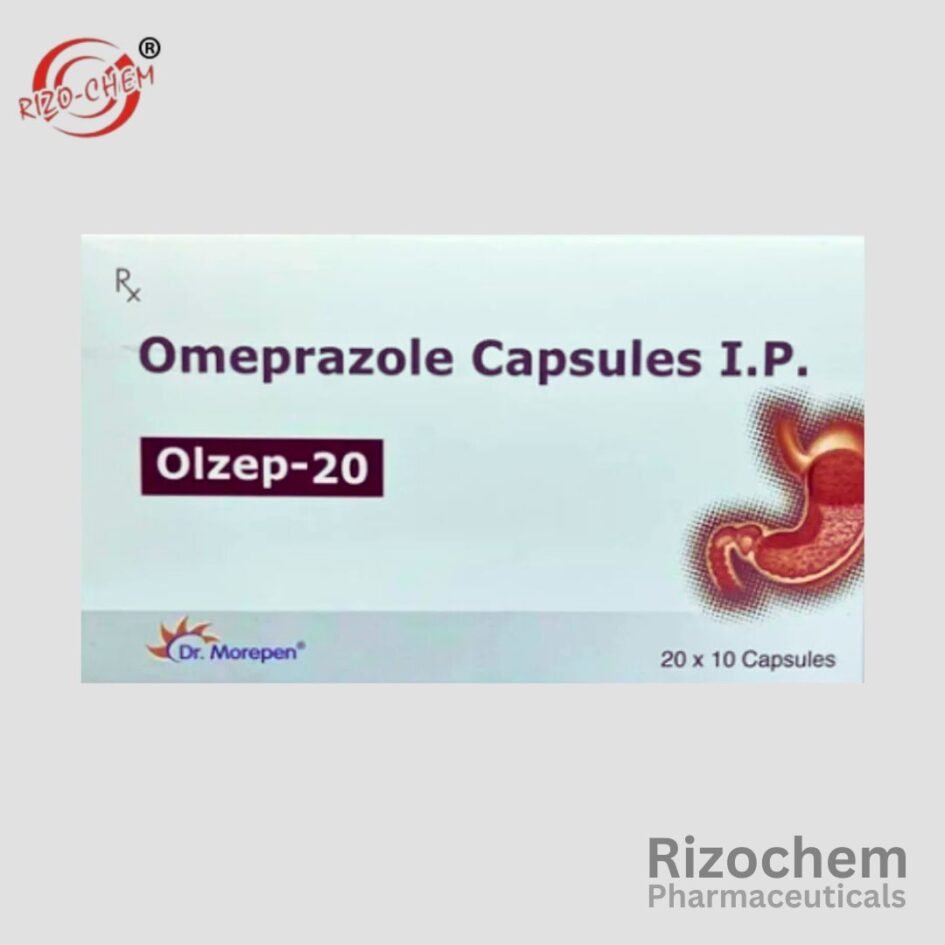 Image of Olzep 20mg Capsule - A blister pack containing red and white capsules used for treating acid-related stomach issues. Product by a reputable pharmaceuticals wholesaler and exporter. High-quality medication for effective relief.